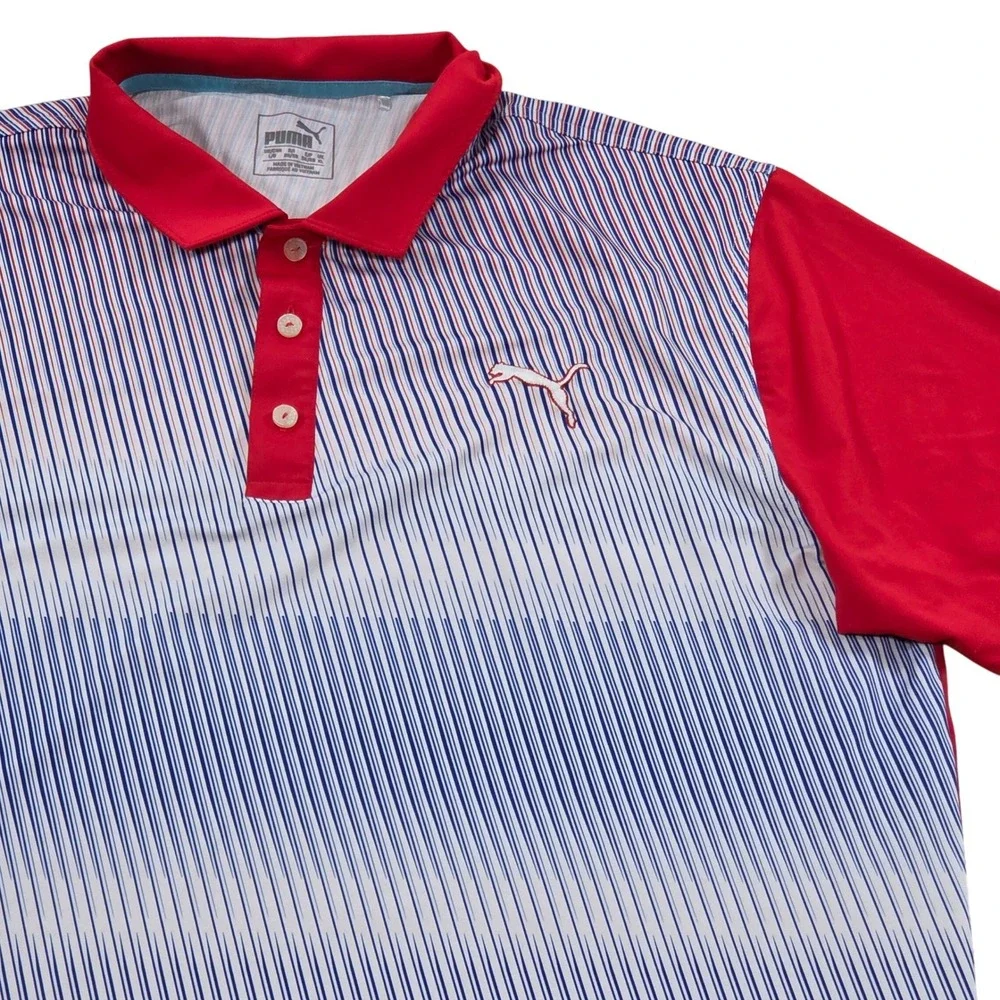 Puma Golf Polo Shirt Red‎ White Blue Stripe Pinstripe Men's Large